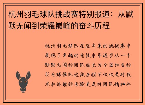 杭州羽毛球队挑战赛特别报道：从默默无闻到荣耀巅峰的奋斗历程